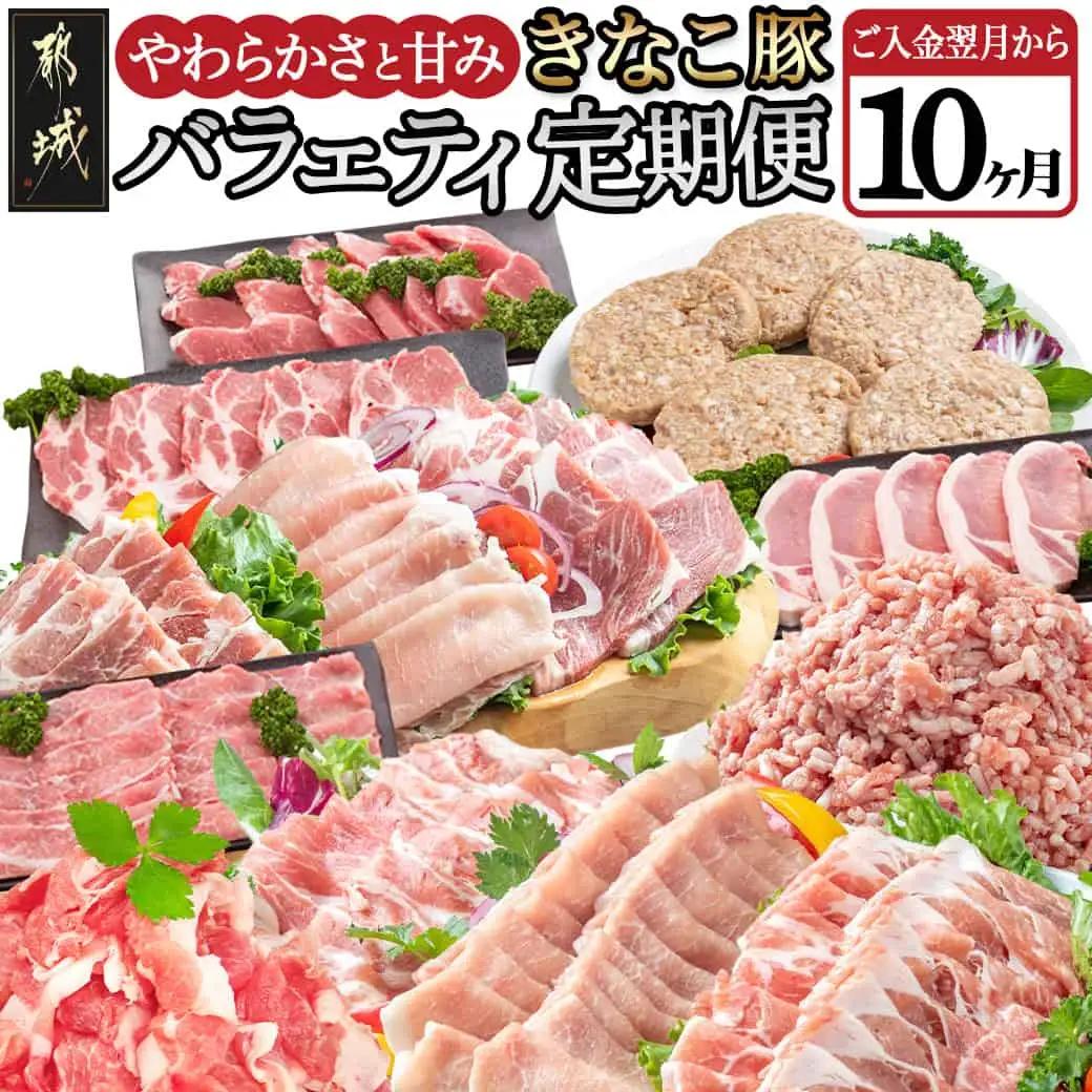 「きなこ豚」バラエティ定期便(10ヶ月)〔T120（10）-1202〕_(都城市) 宮崎県産豚肉 都城産きなこ豚 豚バラ ロース 肩ロース ウデ・モモ ミンチ ハンバーグ 小間切れ しゃぶしゃぶ とんかつ 焼き肉 生姜焼き