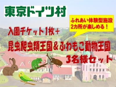 東京ドイツ村 入園チケット 1枚＋昆虫爬虫類王国＆ふわもこ動物王国 1日入場引換券 3名様分 [0615]