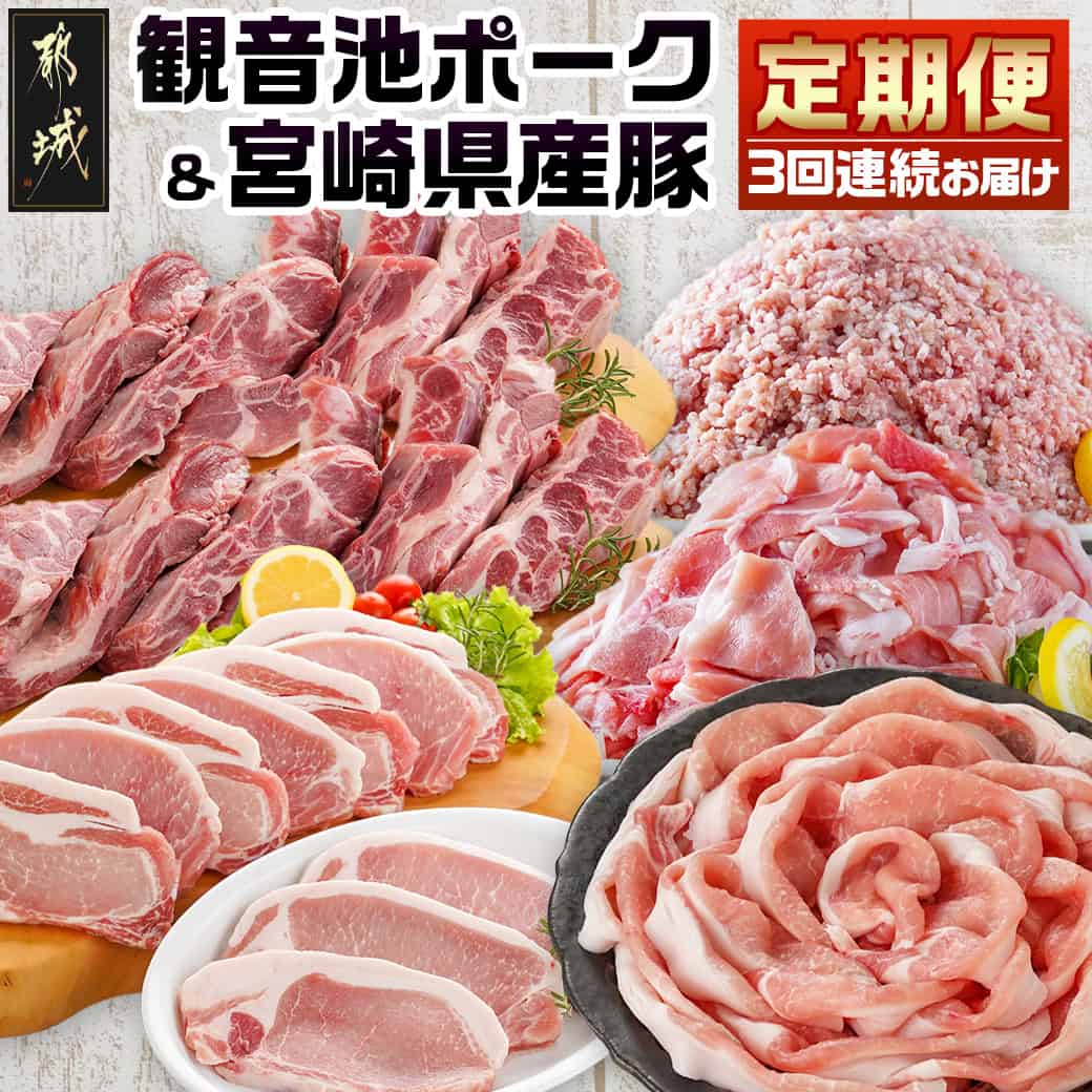 【ふるさと納税】《3回連続お届け》観音池ポーク＆宮崎県産豚定期便 - 豚肉 ミンチ/切り落し/スペアリブ/ローストンカツ用 個包装/ロースしゃぶしゃぶ用 3ヶ月定期便 3回定期便 お肉 観音池ポーク 送料無料 T45-3-9201 【宮崎県都城市は2年連続ふるさと納税日本一！】