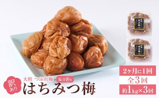訳あり 梅干し 大粒 大玉 つぶれ梅 はちみつ梅 約1kg(500g×2) × 3回  塩分8％ [ 定期便 2か月に１回発送・全3回 ]