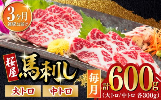 【全3回定期便】馬刺し 2種 計600g (大トロ 中トロ)各300g 熊本 冷凍 馬肉 馬刺 ヘルシー【有限会社 桜屋】[YBW104]