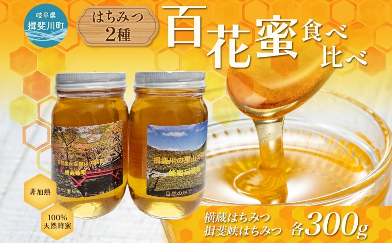 
            [№5568-0401]はちみつ 2種 セット 揖斐峡はちみつ 横蔵はちみつ 計600g 各300g 瓶 蜂蜜 ハチミツ 非加熱 天然 100% 百花蜜 純粋 生はちみつ 国産 ハニー お取り寄せ ギフト プレゼント 贈答 贈り物 岐阜県 揖斐川町 送料無料 蜂とステンド工房揖斐川
          