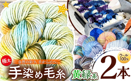 ウール100％ 手染め毛糸（極太） 2本 黄緑系