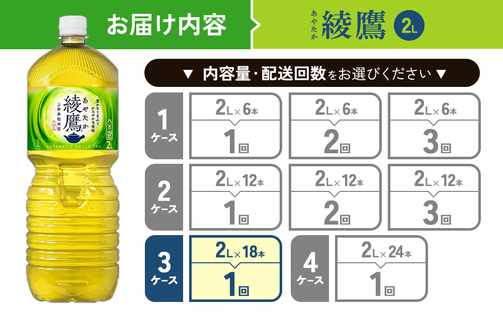 綾鷹 2L PET【コカ・コーラ】ペットボトル 3ケース(18本)セット お茶 緑茶 日本茶 茶葉 送料無料