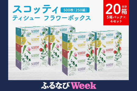 【ふるなびWEEK対象】【スコッティ】ティシュー フラワーボックス 250組 5箱パック×4セット 合計20箱 ティッシュ 日用品 生活必需品 消耗品 紙 まとめ買い 備蓄 防災備蓄 デザインボックス FN-Limited-PR