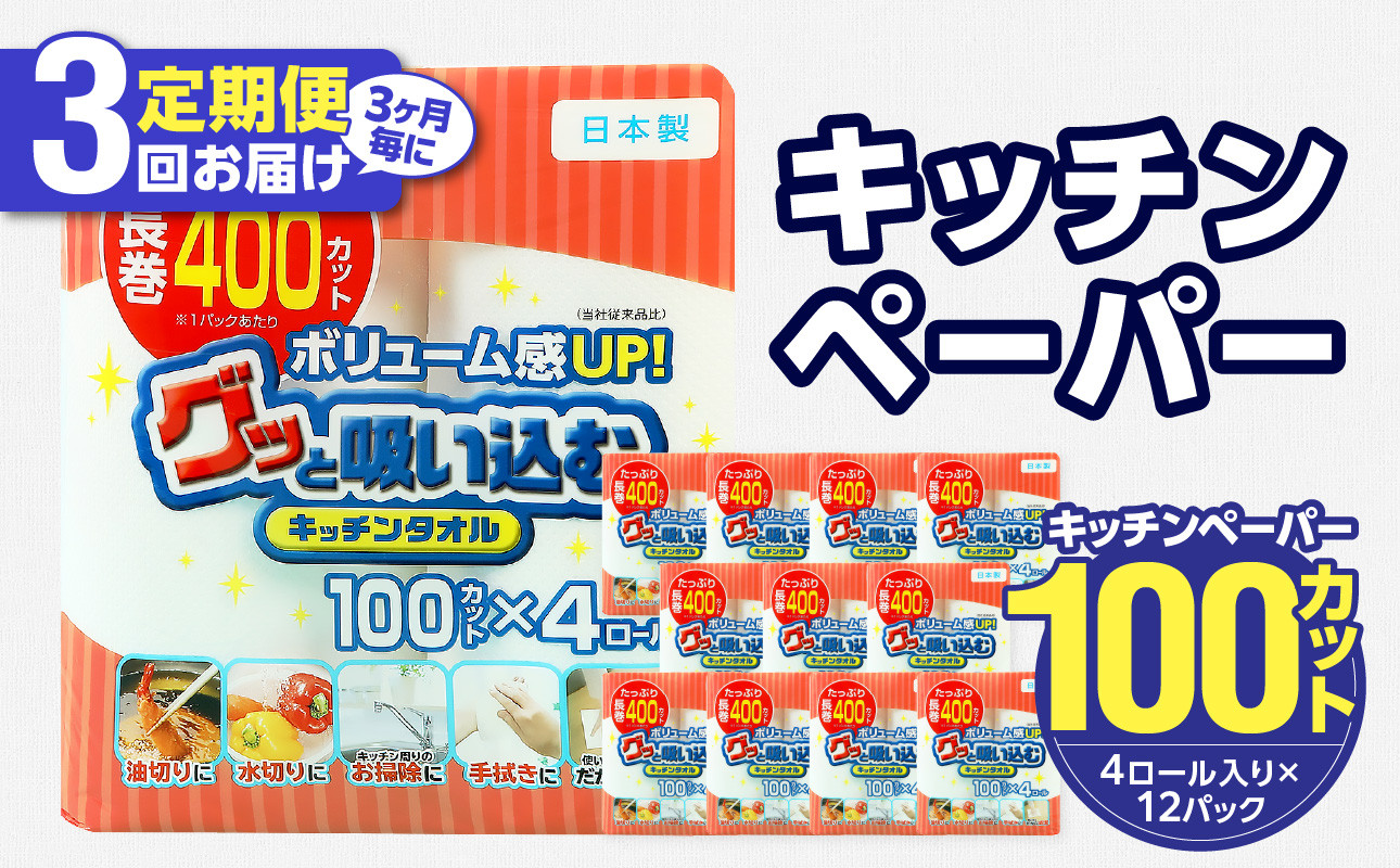 
【3ヶ月毎に配送】キッチンタオル100カット（4ロール×12パック）3回お届け定期便 キッチンペーパー キッチンタオル ２枚重ね 吸水性 破れにくい 電子レンジOK キッチン用品 日用品 消耗品 定期便 T10043
