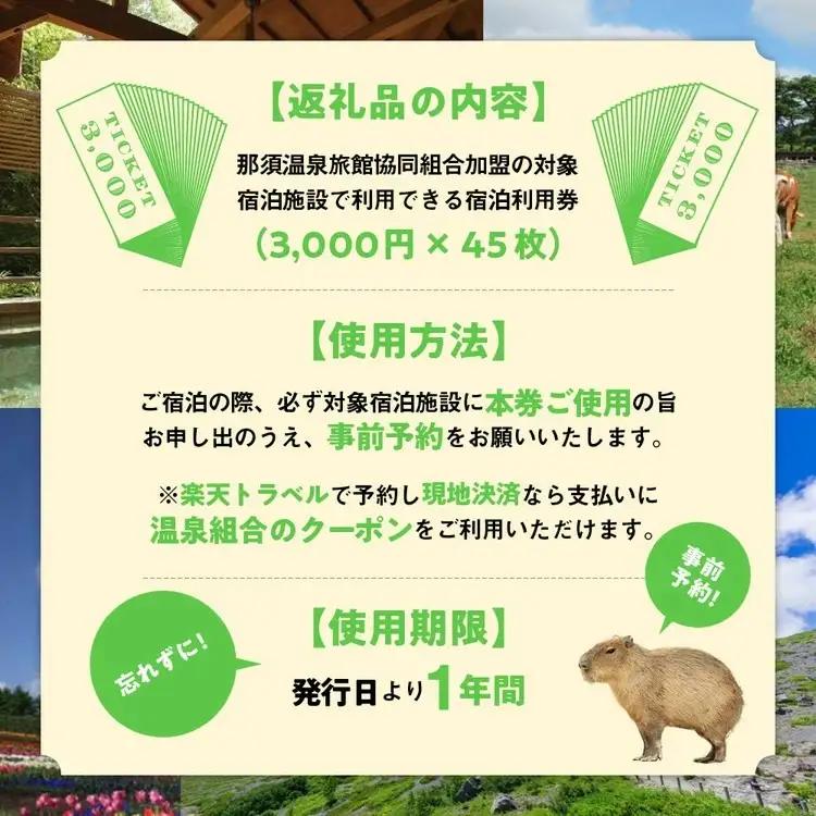 栃木県那須町で使える 共通宿泊利用券 135,000円分（3,000円×45枚）〔Ｎ-1〕｜宿泊 旅行 チケット 宿泊券 温泉 露天風呂 旅行券 ホテル 観光 国内旅行 那須 栃木県 那須町