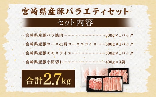 ＜宮崎県産豚 バラエティセット 計2.7kg＞2026年2月上旬より順次出荷 バラエティセット 4種 合計2.7kg 豚バラ焼肉 豚ロースor肩ローススライス 豚モモスライス 豚小間切れ 豚ロース 肩