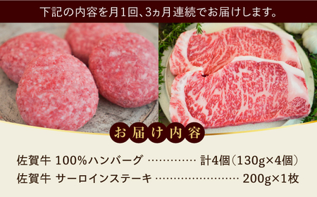 【全3回定期便】佐賀牛100％ハンバーグ4個とサーロインステーキ200g  / 牧場直送 精肉 ブランド牛 和牛 黒毛和牛 小分け / 佐賀県 / 有限会社佐賀セントラル牧場[41ASAA215]