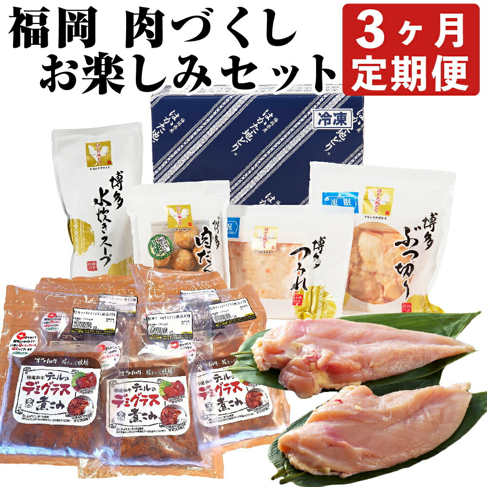 【ふるさと納税】【3ヶ月定期便】福岡 肉づくし お楽しみ セット はかた地どりムネ肉 1kg×2パック 博多和牛 テールのデミグラス煮込み 150g×5パック 水炊きセット 3～4人前 テール 牛肉 デミグラス 鶏肉 胸肉 むね肉 水炊き 鍋 つみれ 肉団子 和牛 国産 冷凍 送料無料