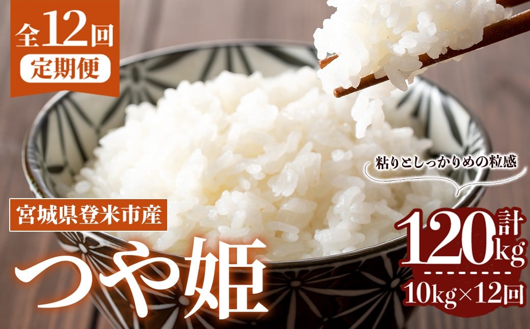 
            ＜先行予約！2025年10月から発送開始予定＞≪令和7年産≫【12回定期便】つや姫 計120kg (10kg×12回配送) 登米市産 お米 おこめ 米 コメ 白米 ご飯 ごはん おにぎり お弁当 12か月 頒布会【登米ライスサービス株式会社】tm168
          