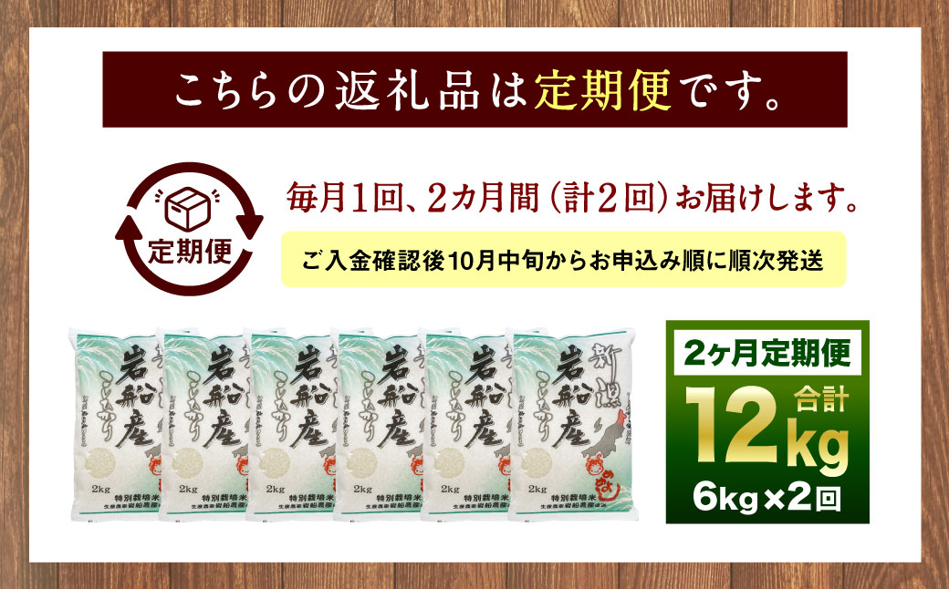 【新米受付・令和6年産米】NB4075 特別栽培米 新潟県岩船産 コシヒカリ 12kg（6kg×2ヶ月コース）