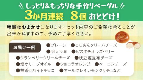 ベーグル 専門店 8個 おすすめ セット 定期便 パン 詰め合わせ 詰合せ 食べ比べ bagel 冷凍 食感 しっとり もっちり おしゃれ まとめ買い 【 3ヶ月 連続定期便 】《 種類おまかせ 》