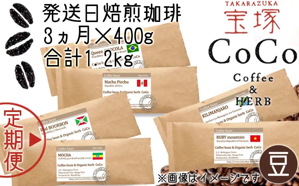 【宝塚】3ヶ月の定期便(発送日自家焙煎珈琲豆・全6種 計1.2kg)【豆】