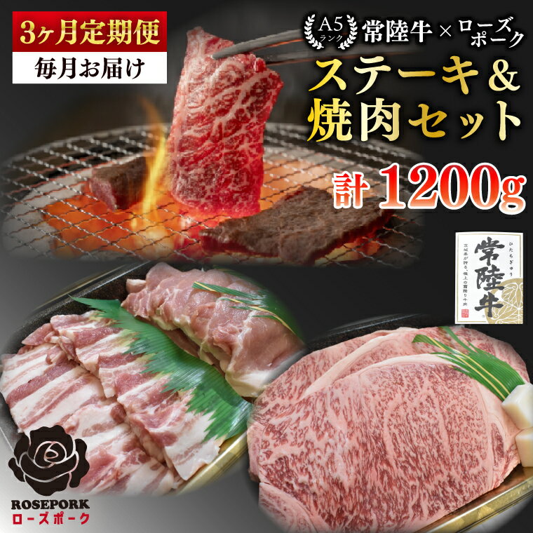 【ふるさと納税】【3ヶ月定期便】【常陸牛A5ランク・ローズポークステーキ焼肉セット】常陸牛サーロイン200g＋ローズポーク200g（ロース100g・ばら100g）【 冷凍 国産 和牛 豚肉 ブランド豚 茨城県 水戸市 食べ比べ 国産 老舗精肉店】(EK-59_1)