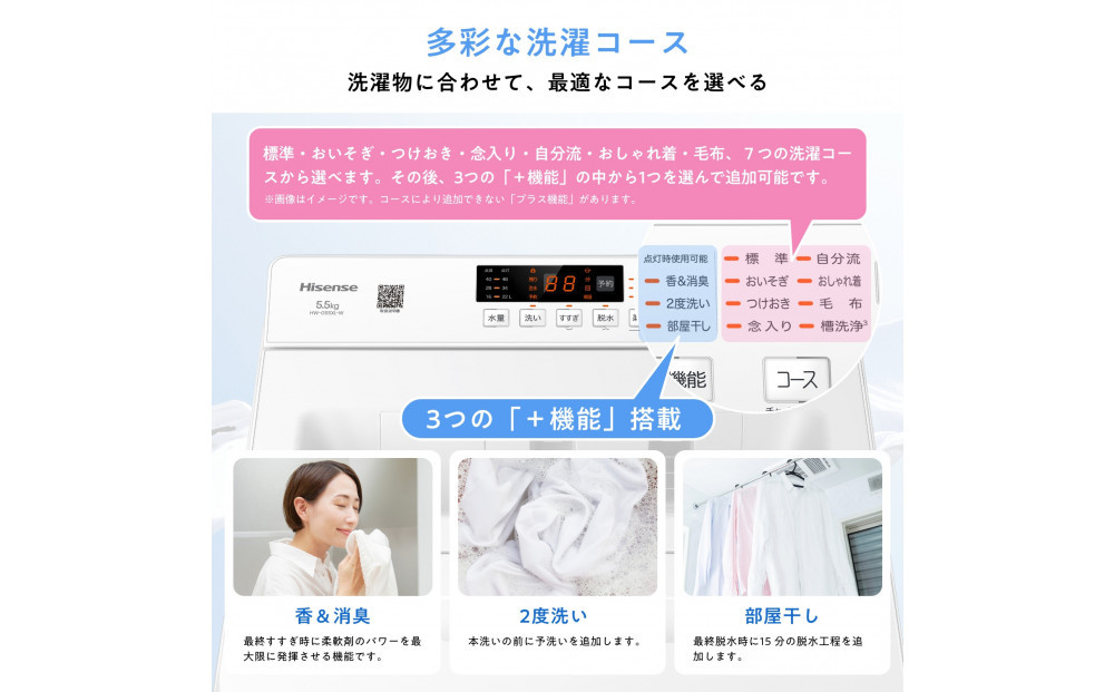 Hisense ハイセンス 洗剤自動投入 洗濯機 【設置費込み】5.5kg スリム 1-2人用  最短15分洗濯  シャワー水流 激流洗浄 予約機能  省エネ ホワイト/ホワイト HW-G55XL-W