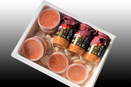 ほたて貝柱500g×6P、いくら醤油漬け100g×6P、鮭フレーク150g×3瓶 E-70004