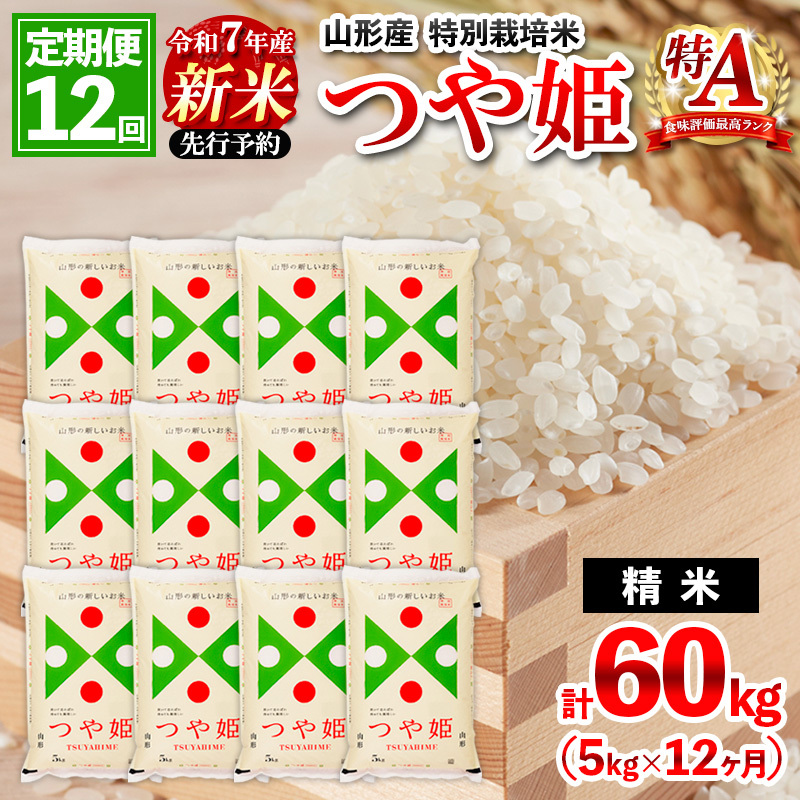 【12月発送開始】 【定期便12回】 先行予約 令和7年産 新米 山形産 特別栽培米 つや姫 5kg×12ヶ月(計60kg) FZ25-094