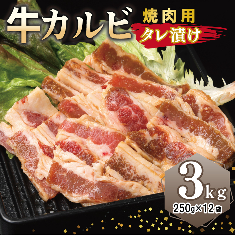牛カルビ 焼肉用 タレ漬け 合計3kg【味付け 小分け 焼くだけ 簡単調理 BBQ 牛肉 250g×12袋】 G3395