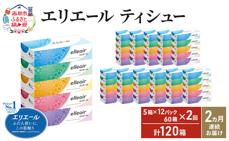【2ヵ月連続お届け・計120箱】エリエール ティシュー 180組5箱 12パック ティッシュペーパー 箱ティッシュ ボックスティッシュ 紙 まとめ買い 防災 常備品 備蓄品 消耗品 日用品 生活必需品 送料無料 赤平市
