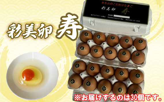 
                  彩美卵　寿　30個 ／ たまご 濃厚 新鮮 タマゴ 放し飼い飼育 卵 放し飼い 新鮮卵 彩美卵 生食可 冷蔵配送 黄身 風味豊か 卵料理 朝食 料理素材 自然飼育 埼玉県 No.424
                