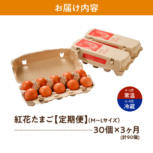 【3ヶ月 定期便】紅花たまご セット 選べる 計 90個  (一回あたり 10個×3パック ) 卵 たまご 赤玉 鶏卵 産みたて 卵かけ ご飯 親子丼 オムレツ 朝食 たんぱく質 新鮮 栄養 濃厚 甘
