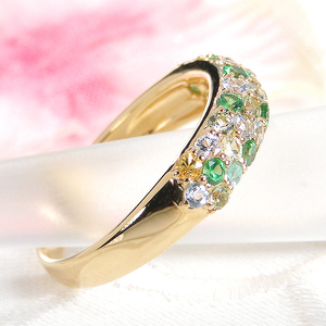 指輪 K18YG イエローゴールド マルチカラー パヴェリング エメラルド ペリドット 花畑 緑系 誕生石 カラーストーン【f235-g-k18yg】 ALPAZ112