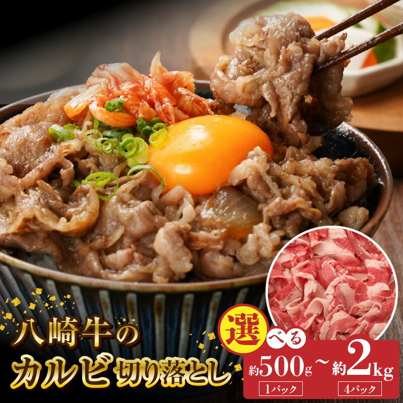 【ふるさと納税】八崎牛 熟成焼肉 カルビ 切り落とし 選べる 内容量 約500g × 1パック ～ 4パック 牛肉 黒毛和牛 国産 和牛 炒め物 丼 カレー 冷凍 真空パック 便利 食品 グルメ 牛 肉 自然放牧 お取り寄せ お取り寄せグルメ 鏡山牧場 宮崎県 延岡市 送料無料