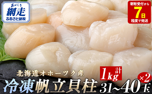 北海道オホーツク産 冷凍帆立貝柱 31玉～40玉 500g×2【 ふるさと納税 人気 おすすめ ランキング ホタテ ほたて 帆立 貝柱 ホタテ貝柱 ほたて貝柱 帆立貝柱 刺身 ホタテ刺身 刺身ホタテ 