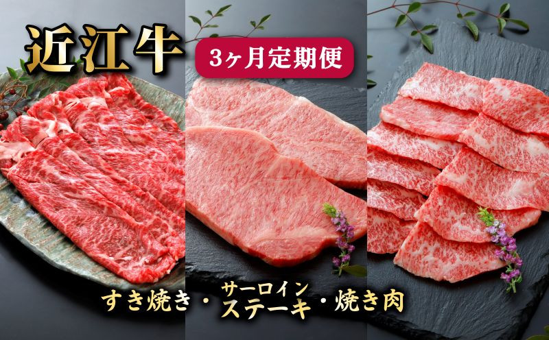 
            近江牛 3ヶ月 定期便 すき焼き 650g サーロインステーキ 200g×2枚 焼肉 500g 国産牛 和牛 黒毛和牛 ブランド牛 牛肉 牛 肉 650 200 500 ギフト お歳暮 贈り物 贈答 ご進物 みのや 滋賀県 彦根
          