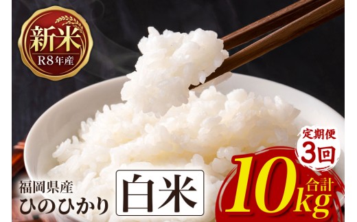 【3回定期便】 ひのひかり 米 お米 白米 10kg 10キロ 令和8年産 新米 福岡県産 うきは市 国産 精米 ご飯 ごはん おにぎり お弁当 人気 おすすめ 家庭用 ギフト プレゼント お中元 お歳暮 贈答 産地直送 農家直送 お取り寄せ 【JA福岡くるめ にじの耳納の里】