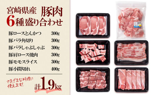 【1月発送】宮崎県産豚肉6種1.9kg盛り合わせ 焼肉 とんかつ しゃぶしゃぶ スライス 小間切れ 食べ比べ 鍋＜1.2-70＞●