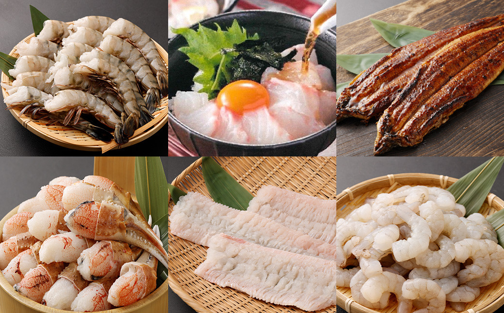 
                  【奇数月発送6回定期便】 絶品！ 美味海鮮6ヶ月定期便（1月むきえび・3月真鯛の生鯛めしセット・5月ハモ・7月うなぎ・9月ブラックタイガー・11月カニ） 海鮮 定期便 定期 惣菜 冷凍
                