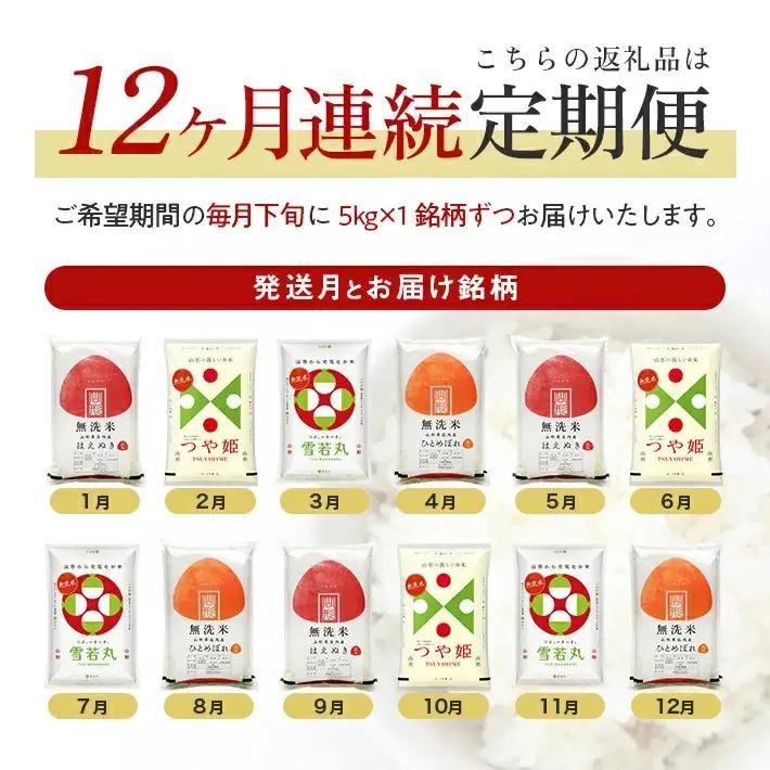 (3月～6月) ≪4ヶ月定期便≫無洗米 4銘柄食べ比べセット 各5kg 4ヶ月連続 計20kg 令和8年産 はえぬき つや姫 雪若丸 ひとめぼれ 山形県産 毎月中旬にお届け 東北 山形県 遊佐町 庄内