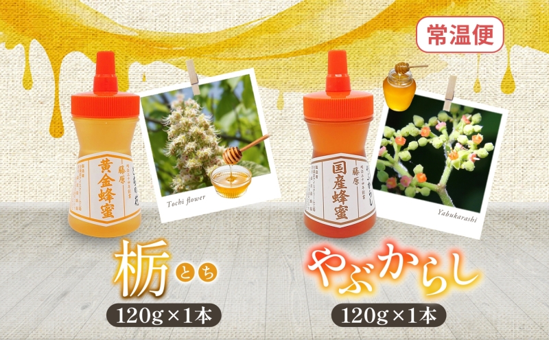 藤原黄金蜂蜜 栃 国産蜂蜜 やぶからし 各120g 計240g はちみつ とち ヤブカラシ 国産 単花蜜 朝しぼり 完熟 ハチミツ パン 菓子 トースト ホットケーキ ヨーグルト 調味料 隠し味 お取