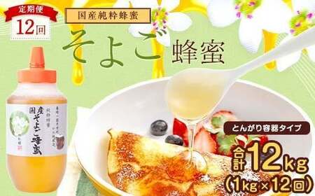 【全12回】 定期便 かの蜂 国産 そよご蜂蜜 合計12kg（とんがり容器1kgを毎月1本お届け）　024-T015
