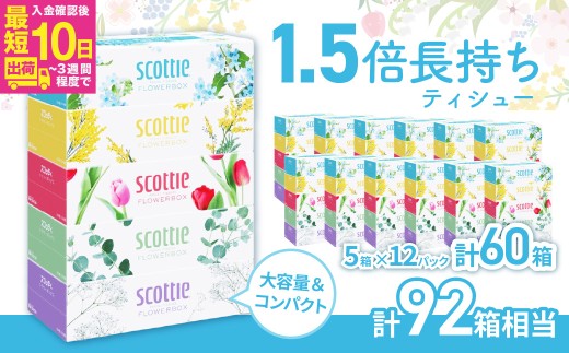 スコッティ ティシュー フラワーボックス 250組 60箱（5箱×12パック）【入金確認後、最短10日～3週間程度で発送】  |  大容量 長持ち コンパクト ティッシュペーパー 日用品 雑貨 大人気 日本製 日用品 ふるさと納税 ティッシュ ティッシュペーパー ふるさと納税 ティッシュ 箱 日用品 必需品 大容量 リピート 高品質 クオリティ かわいい 素敵 保管 消耗品 埼玉県 草加市