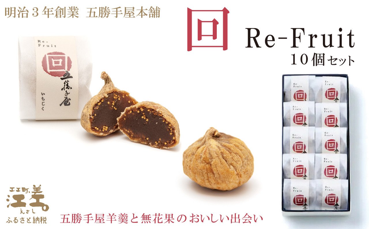 
            五勝手屋本舗『回/Re-Fruit』（10個）　金時豆のようかん　ドライいちじく　保存料不使用　五勝手屋羊羹の老舗　和菓子　銘菓　名物　贈答用　ギフト　お中元　お歳暮　お祝い　のし　熨斗
          
