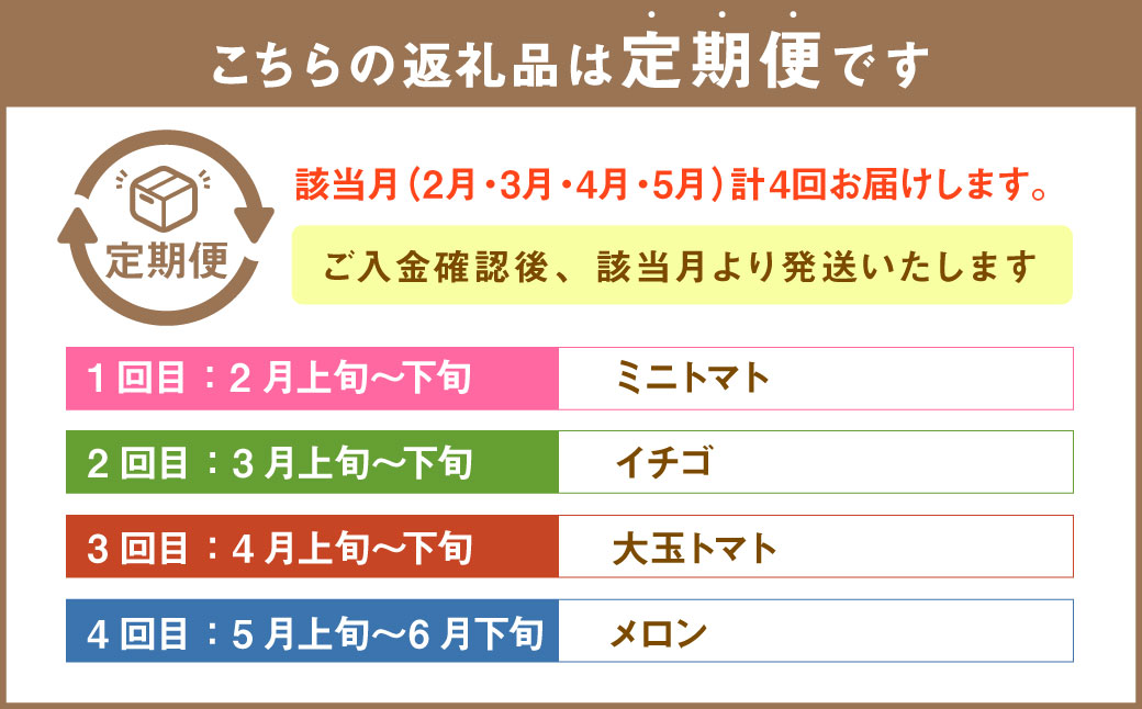 【年4回定期便】熊本の魅力たっぷり、特別な定期便 熊本県産 ミニトマト 約3kg イチゴ 250g×2パック 約500ｇ 大玉トマト 約3.5㎏ メロン 2玉【2026年2月上旬発送開始】4種 フルー
