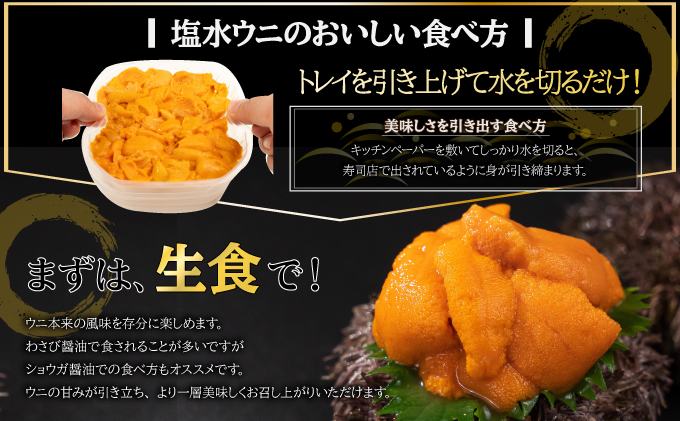 北海道 噴火湾産 塩水 バフンウニ 100g 10パック 計1kg うに ウニ 雲丹 海鮮 海の幸 魚介類 ウニ丼 お寿司 濃厚 無添加 産地直送 お取り寄せ 山村水産 送料無料_イメージ4