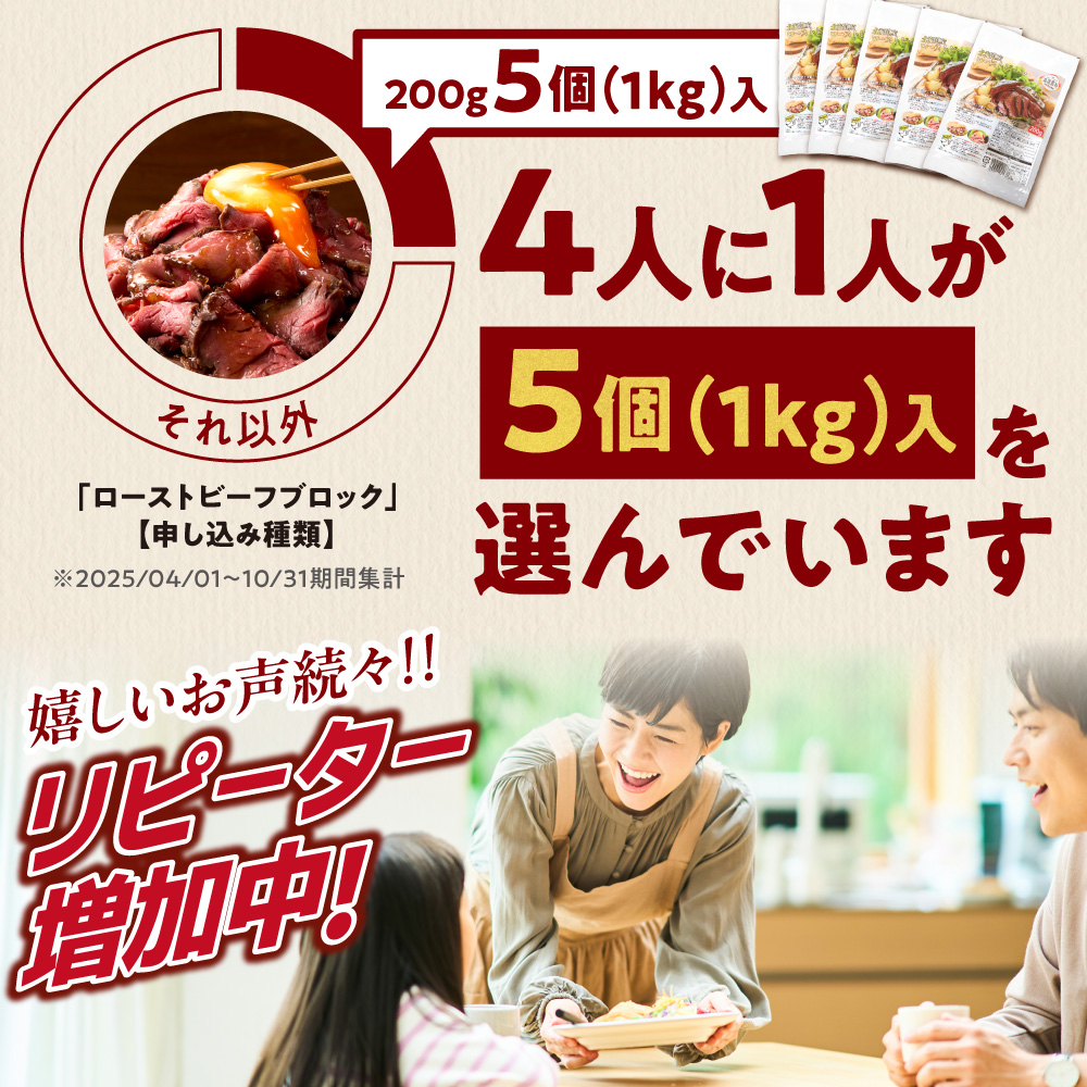 北海道産牛 ローストビーフブロック【200g×5個入】  