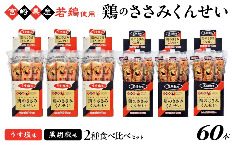 
            鶏のささみくんせい 2種食べ比べ 60本セット ＜うす塩・黒胡椒 ＞ おつまみ スモーク チキン 燻製
          