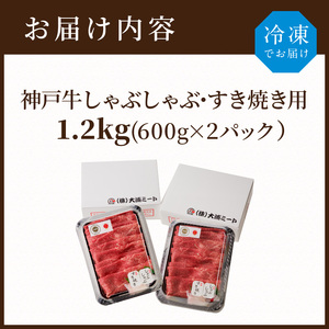 神戸牛しゃぶしゃぶ・すきやき1.2kg(600ｇ×2) 《 すき焼き しゃぶしゃぶ 神戸牛 1.2kg  国産 送料無料 お取り寄せ 牛肉 小分けタイプ 美味しい おすすめ 》