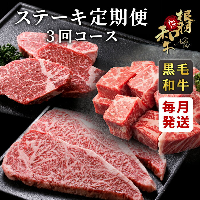 【ふるさと納税】全3回★黒毛和牛 ステーキ定期便 ヒレステーキ ロースステーキ サーロインステーキ サイコロステーキ 希少部位 和牛 牛肉 肉 牛 焼き肉 ステーキ バーベキュー 定期便 限定 50000円 5万円 肉定期 長野県 根羽村