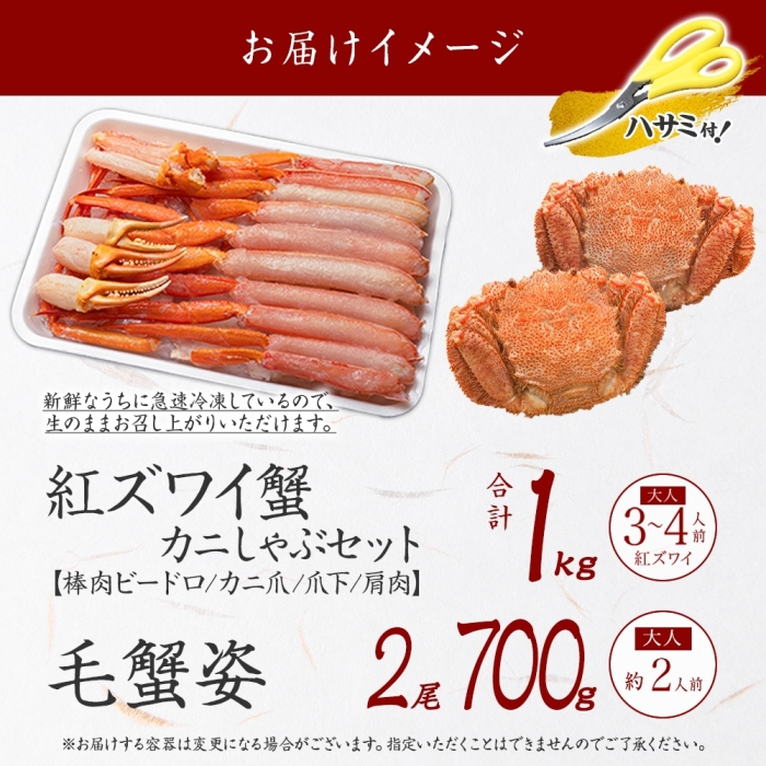 2462. 紅ズワイ 蟹 しゃぶ ビードロ 1kg 毛蟹 2尾 計700g前後 専用ハサミ・ガイド付き 紅ずわい 毛ガニ カニ 海鮮 送料無料 北海道 弟子屈町_イメージ4