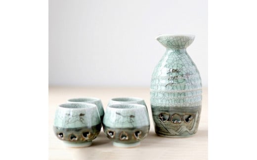大堀相馬焼 松永窯 二重徳利(二合)・二重ぐい呑み4つ 酒器揃えセット