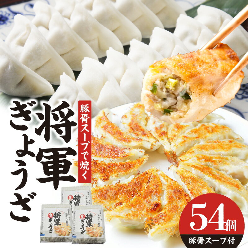 【ふるさと納税】豚骨スープで焼く 餃子専門店の餃子 将軍餃子54個 餃子 専門店 豚骨 ブランド豚 米の恵み 野菜 餡 ラーメン屋 製麺 メーカー パリパリ 最高級 皮 ギョウザ ご飯 おかず 惣菜 スープ付き 羽 羽根つき餃子 A02032