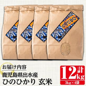 i503 鹿児島県出水市産ひのひかり玄米＜3kg×4袋・計12kg＞ 米 玄米 お米 12kg 国産 ひのひかり おにぎり ごはん 自家脱穀 お米マイスター 厳選  【田上商店】