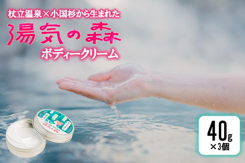 
                  【杖立温泉旅館組合】湯気の森 ボディークリーム 40g 3個 杖立温泉 小国杉 温泉成分 精油 地元素材 しっとり 滑らか 保湿 ボディクリーム 全身 企画開発 地場産品 ご自宅用 ギフト 贈答 贈り物 熊本 阿蘇 小国町
                