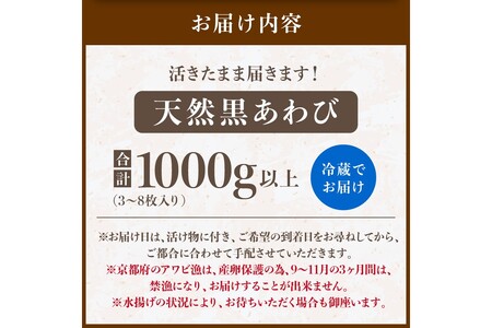 天然黒アワビ／お刺身に！活きたまま届きます！ 天然黒アワビ 酸素入りの特殊梱包 活アワビをたっぷり1000g入り アワビステーキ・アワビのお刺身に・生食